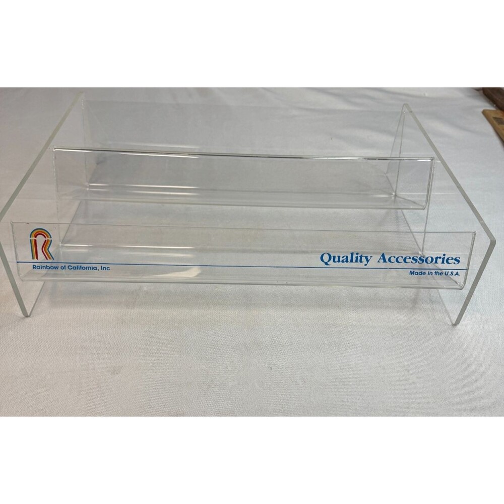 Vtg Rainbow of California 2-Tier Clear Acrylic Countertop Display Stand Riser